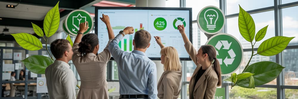 Équipe de salariés dans un bureau, souriante et entourée de symboles écologiques (feuille, ampoule verte, recyclage), célébrant ensemble de bons résultats affichés sur un écran.
