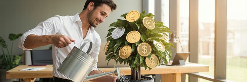 Un dirigeant de petite entreprise arrosant une plante dont les feuilles sont en forme de pièces de monnaie, illustrant l’idée que les efforts RSE portent leurs fruits financièrement.