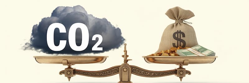Une balance à deux plateaux : sur l’un, un nuage gris marqué CO2 pèse lourd, sur l’autre un sac rempli d’économies (pièces ou billets) compense le poids, symbolisant qu’en réduisant les émissions de carbone on réalise des économies financières.
