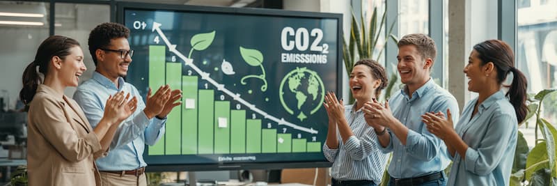 L’équipe souriante d’une petite entreprise réunie
autour d’un grand écran affichant un graphique en baisse des émissions de CO2. Le graphique est assorti d’icônes vertes (feuille, planète) et toute l’équipe applaudit le résultat, illustrant la réussite collective d’une démarche de bilan carbone et de réduction des émissions.