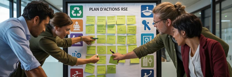 Scène montrant une petite équipe de
collaborateurs autour d’une table de réunion, en train de coller des post-it verts sur un grand tableau “Plan d’actions RSE”. On perçoit leur implication et leurs échanges d’idées, avec des pictogrammes d’actions durables en arrière-plan (recyclage, énergie, social).
