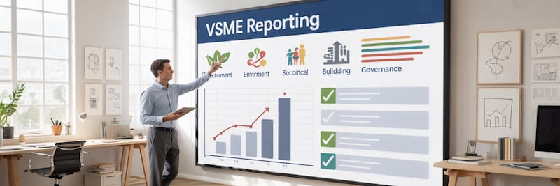 un dirigeant de petite entreprise en train d’analyser un rapport de durabilité structuré sur un grand écran, avec la mention « Rapport VSME »