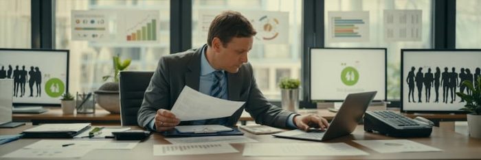 un expert-comptable travaillant à son bureau, entouré de documents financiers traditionnels