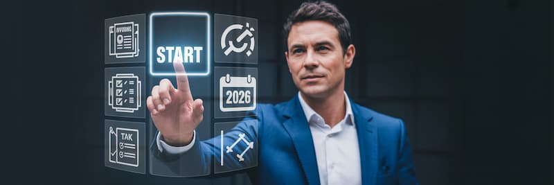 Chef d’entreprise lançant sa transition numérique vers la facturation électronique, avec repères visuels de conformité fiscale et échéance 2026